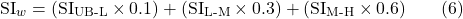 \[ \text{SI}_w = (\text{SI}_{\text{UB-L}} \times 0.1) + (\text{SI}_{\text{L-M}} \times 0.3) + (\text{SI}_{\text{M-H}} \times 0.6) \qquad (6)\]