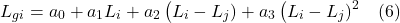 \[ L_g_i = a_0+ a_1 L_i + a_2 \left(L_i-L_j) + a_3 \left (L_i-L_j)^2 \quad (6)\]