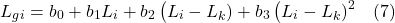 \[ L_g_i = b_0+ b_1 L_i + b_2 \left(L_i-L_k) + b_3 \left (L_i-L_k)^2 \quad (7)\]