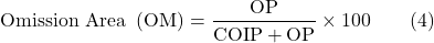 \[ \text{Omission Area } \left(\text{OM}\right)=\frac{\text{OP}}{\text{COIP}+\text{OP}}\times 100 \qquad (4)\]