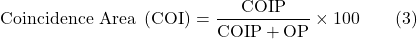 \[ \text{Coincidence Area } \left(\text{COI}\right)=\frac{\text{COIP}}{\text{COIP}+\text{OP}} \times 100 \qquad (3)\]